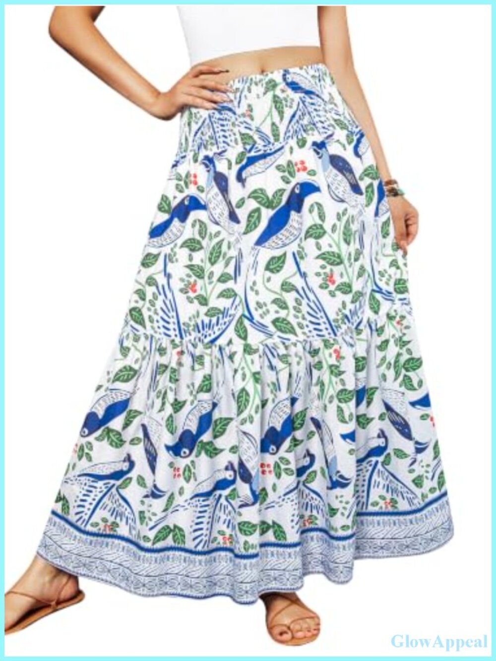 Women's Boho Floral Maxi Skirt High Waist Elastic A-Line Flowy Tiered